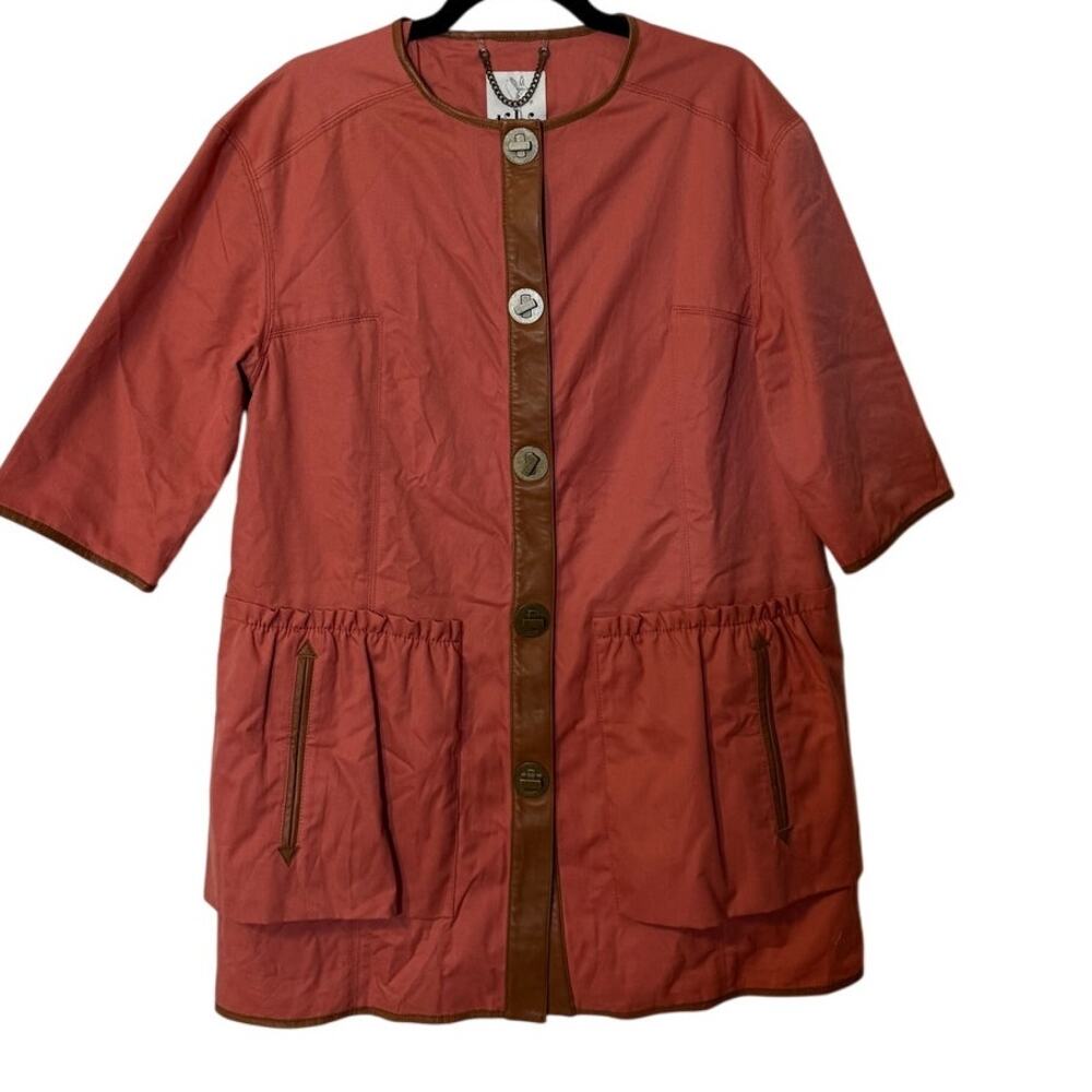 NWOT TIBI CORAL COTTON BLEND LEATHER TRIM BUTTON UP JACKET - Picture 2 of 12